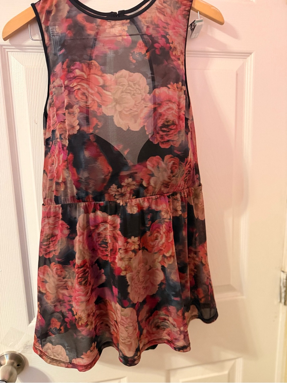 TORRID Pink Black Rose Floral Underwire Short Mesh Overlay Swim One Piece Dress
